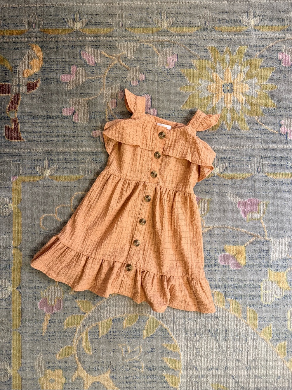 Girls Terracotta Peach Textured Ruffle Button Front Dress Boho Sundress
